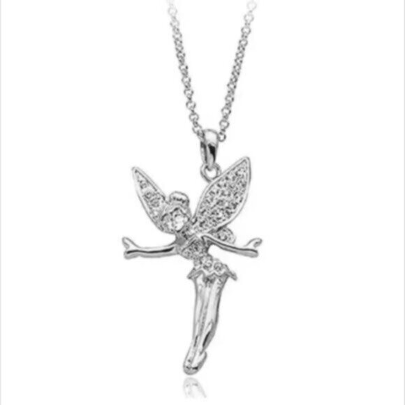Disney Tinkerbell Silver Tone Cubic Zirconia Studded Pendant Necklace New - Picture 1 of 5